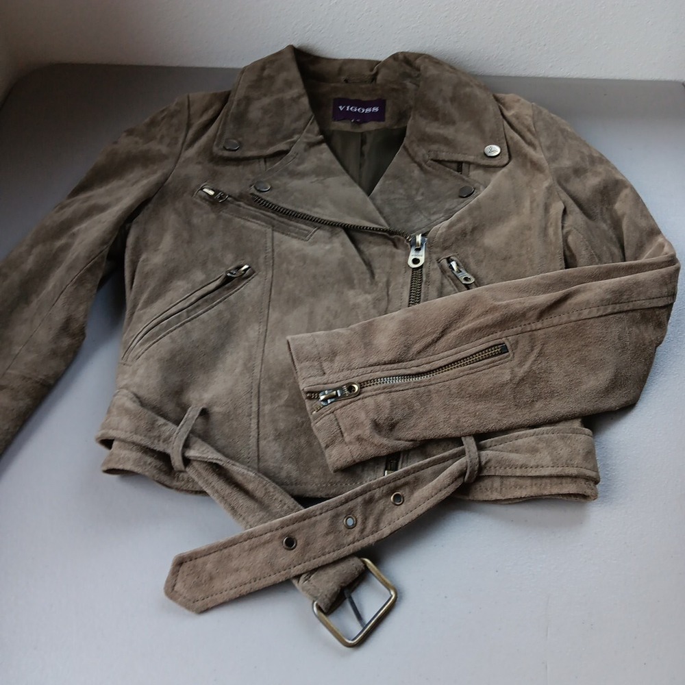 Suede Jacket Womens SMALL Moto Beige Taupe Rock Y2K‎ Leather Khaki Grunge Biker - Picture 9 of 14